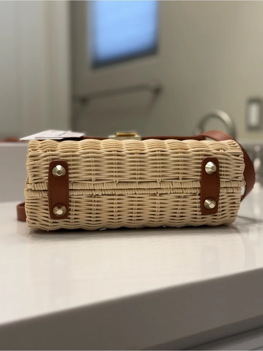 Tommy Bahama Tan Leather & Natural Rattan Top-Handle Satchel NWT - Picture 5 of 12